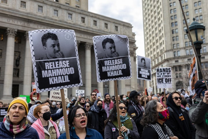 Protesters at Foley Square stand outside Manhattan federal court in support of Mahmoud Khalil, on Wednesday, March 12, 2025, in New York.