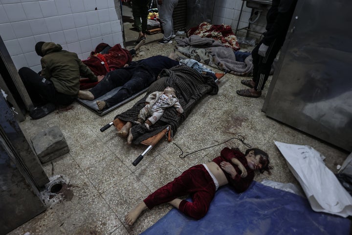 (EDITOR'S NOTE: Image depicts death) Palestinian children and women who were killed in Israel's large-scale airstrikes were brought to the Al-Aqsa Martyrs Hospital's morgue, in Deir Al-Balah, Gaza on March 18, 2025.