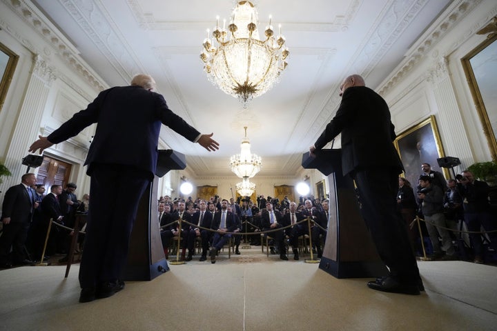 President Donald Trump and Israeli Prime Minister Benjamin Netanyahu speak during a news conference in the East Room of the White House, on Tuesday, Feb. 4, 2025, in Washington, D.C. The White House says that it gave the green light for Israel to launch a large-scale bombing campaign on Gaza, killing hundreds of Palestinians in mere hours and officially ending the already fragile ceasefire agreement with Hamas.