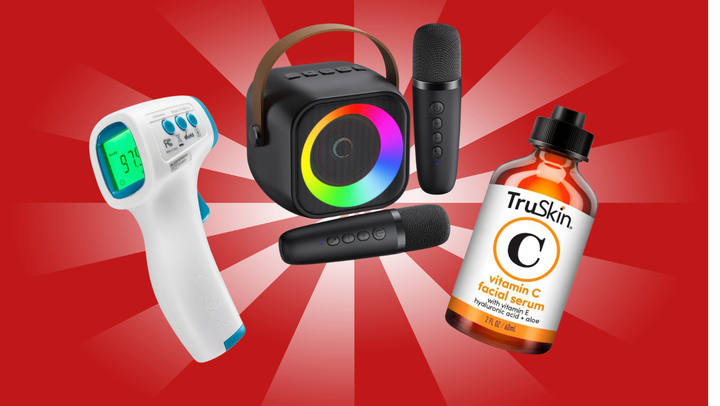 A Homedics no-touch forehead thermometer, a mini karaoke machine and a TruSkin facial serum.