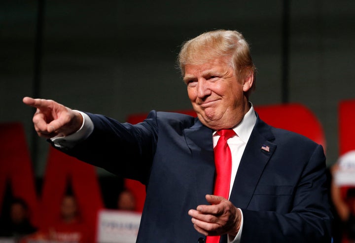 President Donald Trump characteristically pointing to his audience as he addresses supporters in 2016. 