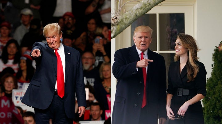 Trump points to his audience at a 2016 political rally and to Hope Hicks, his then-communications director, in March 2018.
