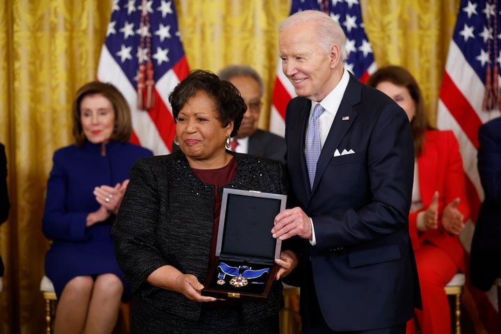 Reena Evers-Everette accepts the Medal of Freedom on behalf of her father, slain civil rights activist Medgar Evers, from U.S. President Joe Biden during a ceremony in the White House on May 3, 2024, in Washington, D.C. Biden awarded the Presidential Medal of Freedom, the Nation’s highest civilian honor, to 19 individuals, including political leaders, civil rights icons and other influential cultural icons.