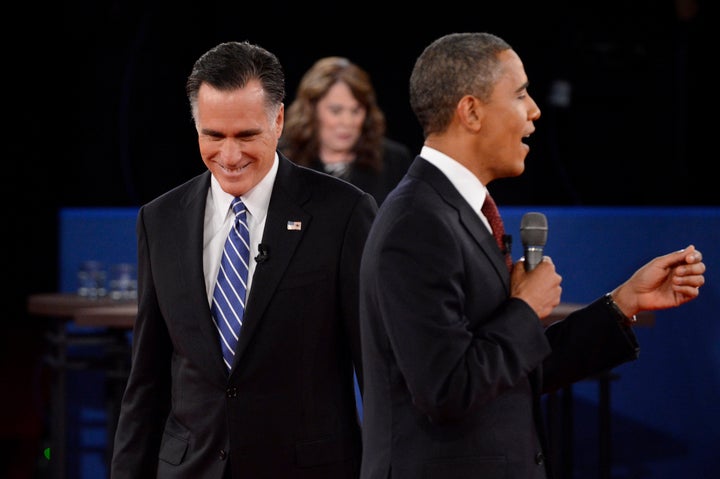 President Barack Obama demonstrating a "thist" during a 2012 presidential debate with his Republican opponent Mitt Romney.