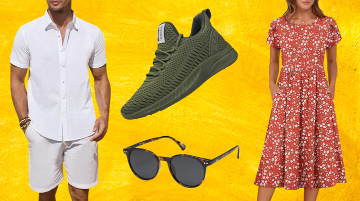 A linen shirt, walking shoe, sunglasses and sundress.