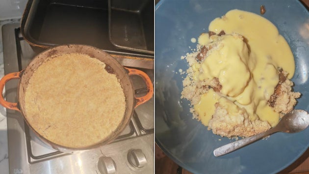 A cooked crumbel on the left: with custard on the right