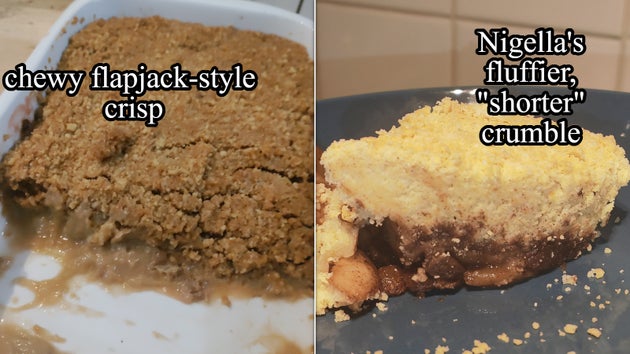 A flapjack-like apple crisp topping on the left: fluffier, lighter crumble topping from Nigella on the right