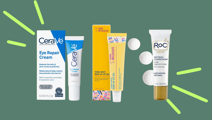 CeraVe eye repair cream, Good Molecules Yerba Matewake-up eye gel and Roc retinol correxion eye cream.