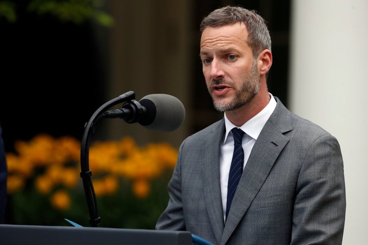 FILE - Adam Boehler, CEO of U.S. International Development Finance Corporation, speaks in the Rose Garden of the White House, April 14, 2020, in Washington. (AP Photo/Alex Brandon, File)