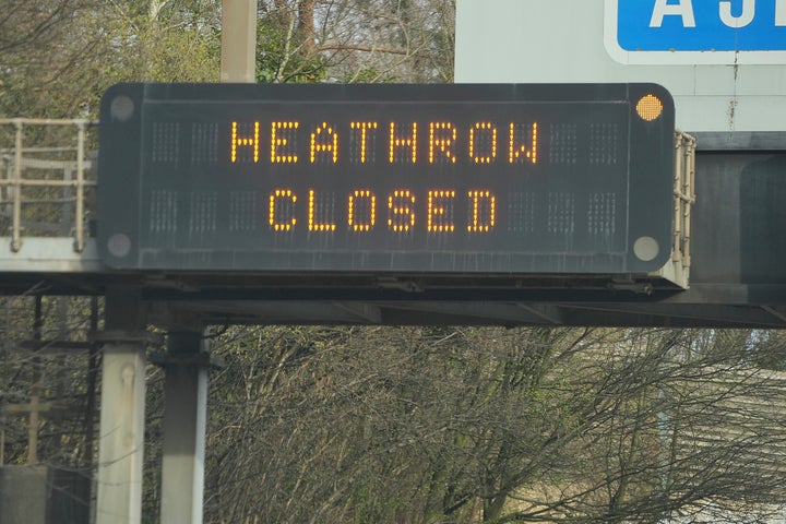 A sign on the motorway shows Heathrow Closed as Britain's Heathrow Airport has closed for the full day Friday after an electrical substation fire knocked out its power, disrupting flights for hundreds of thousands of passengers at one of Europe's biggest travel hubs in London, on March 21, 2025.