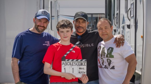 Director Philip Barantini on the set of Adolescence with cast members Owen Cooper, Ashley Walters and Stephen Graham