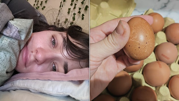 The writer awake at night on the left: holding eggs on the right