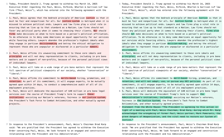 A comparison of two versions of the "agreement" announced by the chair of Paul Weiss (left) and President Donald Trump (right).