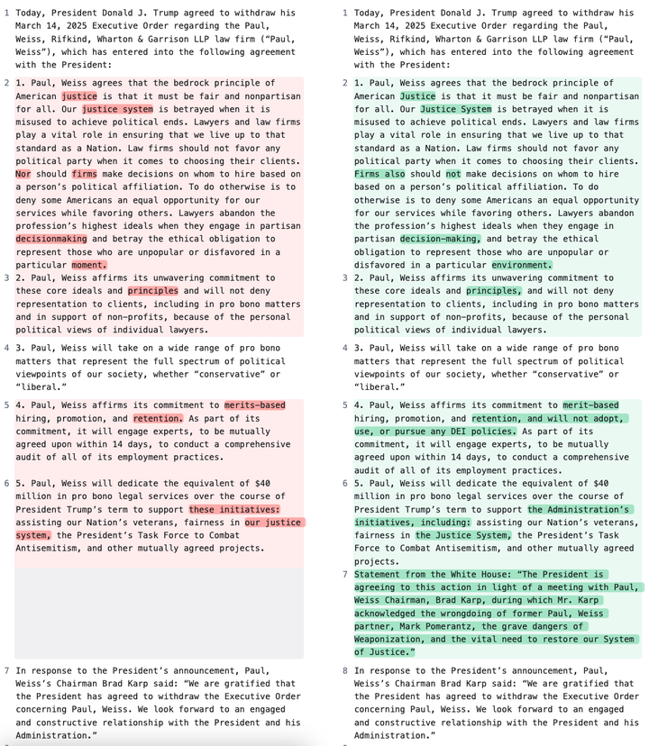 A comparison of two versions of the "agreement" announced by the chair of Paul Weiss (left) and President Donald Trump (right).