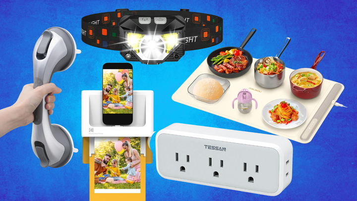 A five-plug outlet extender, a bestselling ultra-bright headlight, a bestselling suction-grip handle, a portable electric warming tray and a bestselling Kodak instant photo printer set at Amazon.