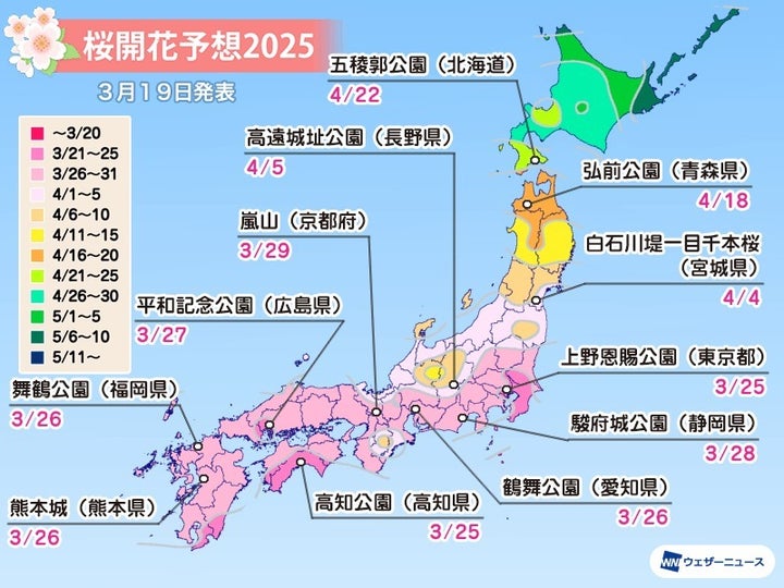 名所の桜開花予想（3月19日更新）