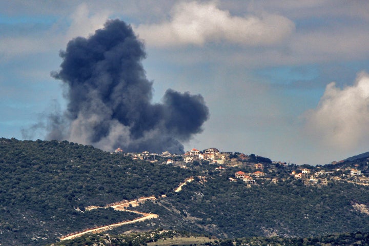 Heavy black smoke billows from a Israeli air strike in the southern Lebanese village of Sujoud in Iqlim al-Toufah on March 22, 2025. (Photo by STR/picture alliance via Getty Images)