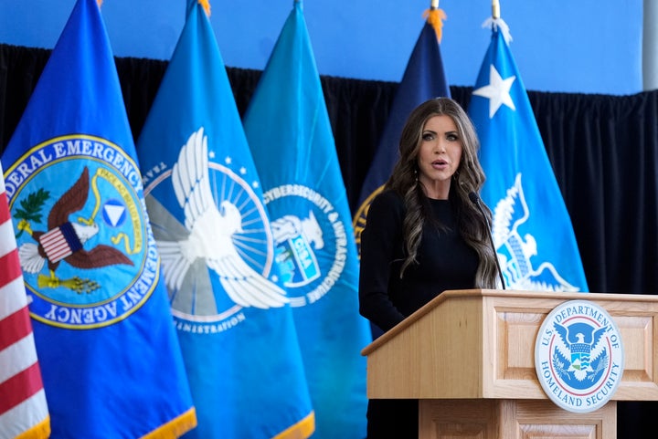 U.S. Secretary of Homeland Security Kristi Noem speaks to staff for the first time at Department of Homeland Security (DHS) headquarters in Washington, DC, on January 28, 2025. (Photo by Manuel Balce Ceneta / POOL / AFP via Getty Images) 