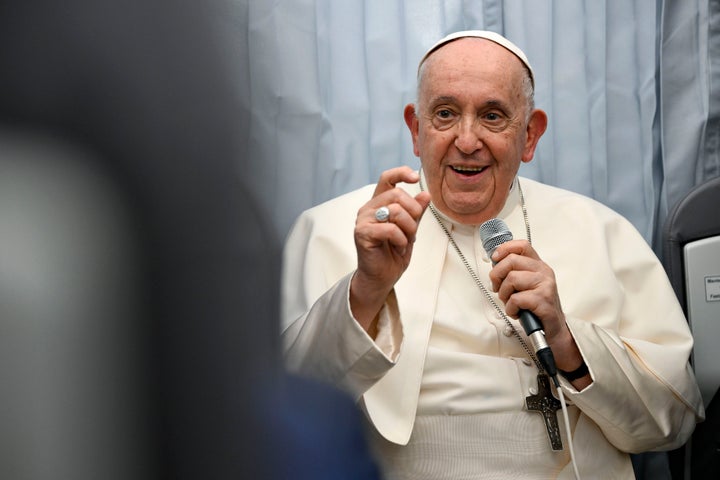 Pope Francis speaks with journalists aboard the papal plane as he returns to Rome on September 23, 2023 in Marseille, France. (Photo by Vatican Media via Vatican Pool/Getty Images)