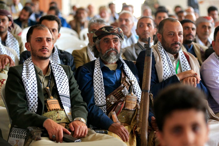 Participants attend a conference organized by the Iran-backed Houthi rebels that focused on supporting and protecting Palestine from Israel and other Western powers, in Sana'a, Yemen on March 22, 2025.