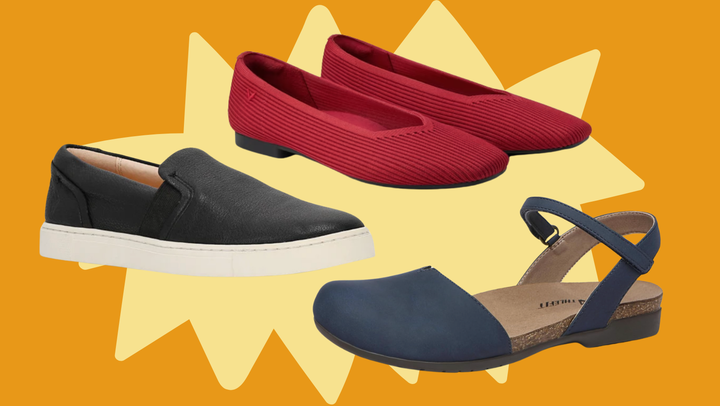 A pair of Frye Ivy slip ons, a pair of Vivaia Margot flats and a pair of Athlefit closed-toe sandals.