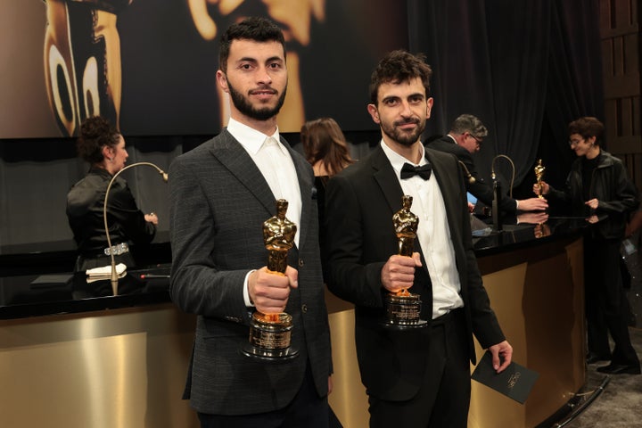 HOLLYWOOD, CALIFORNIA - MARCH 02: (L-R) Basel Adra and Yuval Abraham winners of the Best Documentary Feature award for "No Other Land" attend the 97th Annual Oscars Governors Ball at Ovation Hollywood Complex on March 02, 2025 in Hollywood, California. (Photo by Monica Schipper/Getty Images)