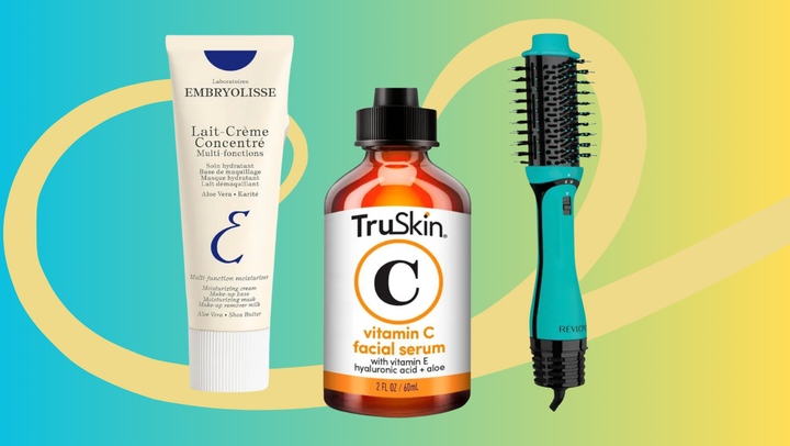 Embryolisse facial cream, TruSkin vitamin C facial serum and Revlon hair styler.
