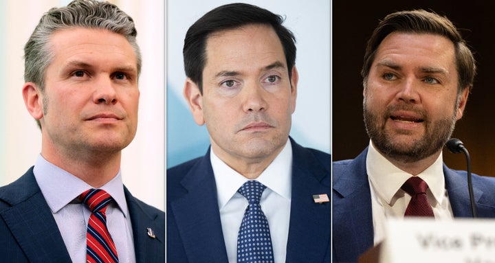 The "Houthi PC Small Group" group chat included Pete Hegseth, the secretary of defense (left), Marco Rubio, the secretary of state (middle), and Vice President JD Vance (right) — and, accidentally, a journalist, according to a new explosive report in The Atlantic.