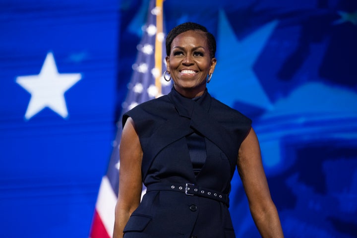 Former first lady Michelle Obama arrives to speak on the second night of the Democratic National Convention at the United Center in Chicago, Illinois, on Aug. 20, 2024.
