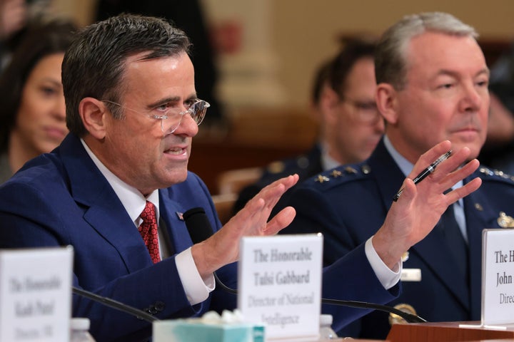 Central Intelligence Agency Director John Ratcliffe (L) testifies during an annual worldwide threats assessment hearing at the Longworth House Office Building on March 26, 2025, in Washington, D.C.