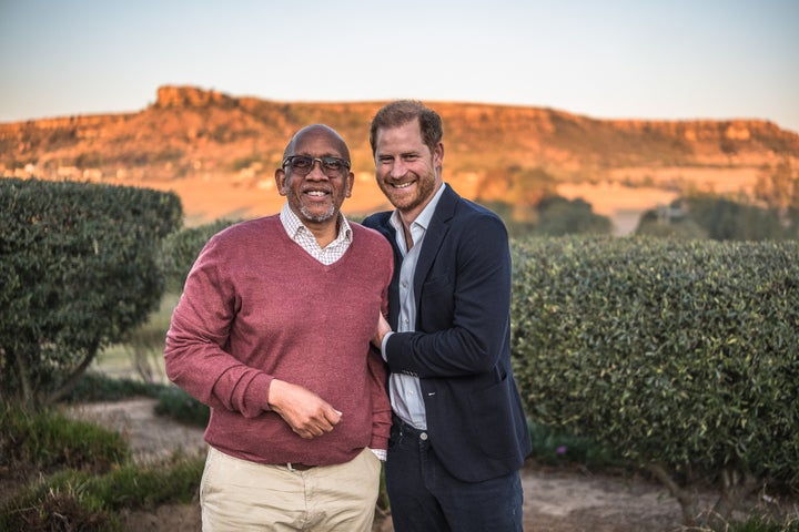Prince Seeiso of Lesotho and Prince Harry attend a welcome event at Sentebale’s Mamohato Children’s Centre on Oct. 1, 2024 in Maseru, Lesotho.