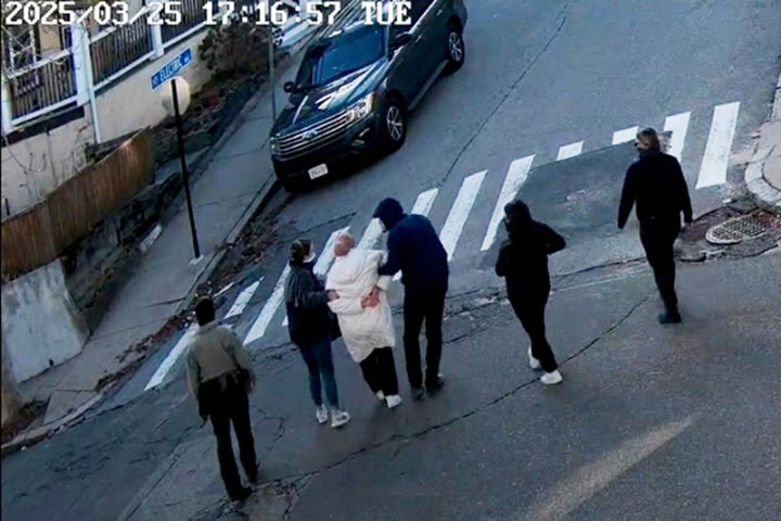 An image from security camera video shows Rumeysa Ozturk, a 30-year-old doctoral student at Tufts University, being grabbed off the street by Department of Homeland Security agents.