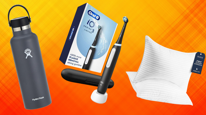 A Hydro Flask water bottle, Oral-B electric toothbrush and Beckham Hotel Collection pillows.