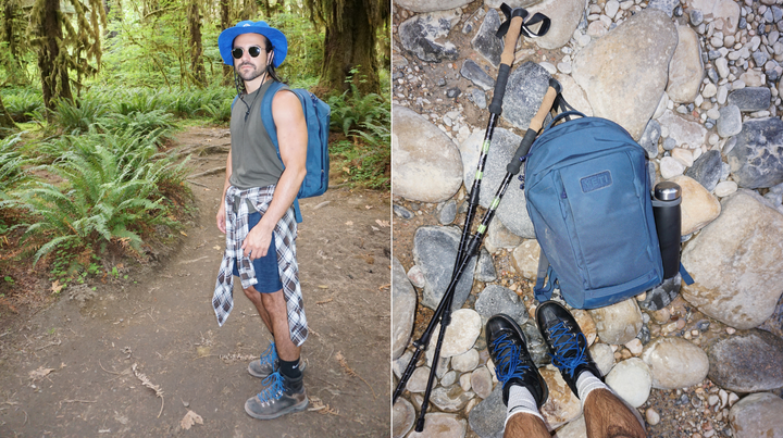 The author on a national park hike using a Quiksilver bucket hat, Yeti Crossroads backpack, Cascade Mountain Tech trekking poles and a S'well Traveler water bottle.
