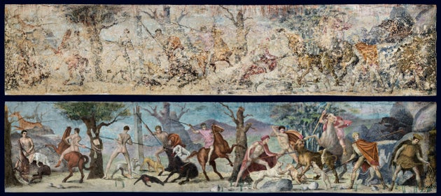 Αρχαιολογικός χώρος των Αιγών. Πρόσοψη Τάφου Φιλίππου Β’. Η τοιχογραφία με το κυνήγι.