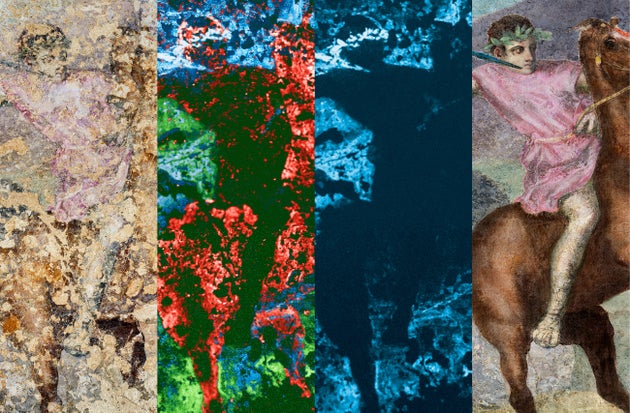 Εικαστικές συνθέσεις προβολής διεθνούς ημερίδας. Λεπτομέρειες από την τοιχογραφία, τις διαγνωστικές τεχνικές και την ψηφιακή αποκατάσταση.