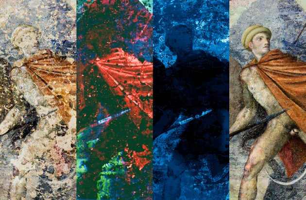 Εικαστικές συνθέσεις προβολής διεθνούς ημερίδας. Λεπτομέρειες από την τοιχογραφία, τις διαγνωστικές τεχνικές και την ψηφιακή αποκατάσταση.