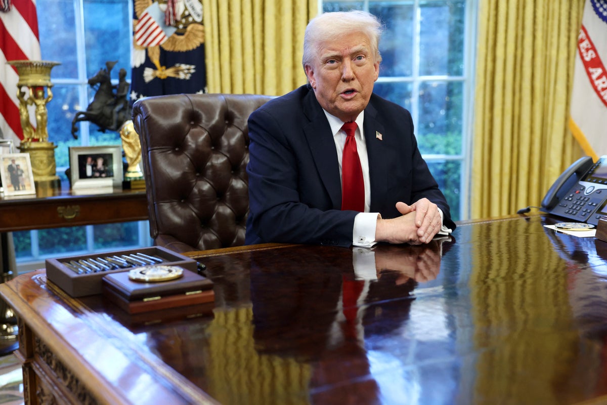 President Donald Trump speaks to reporters in the Oval Office at the White House in Washington, Wednesday, March 26, 2025. (Pool via AP)