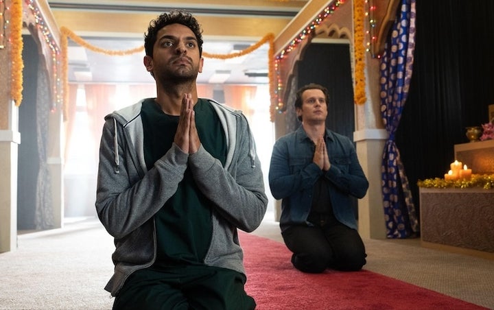 Karan Soni as Naveen Gavaskar, Jonathan Groff as Jay Kurundkar in "A Nice Indian Boy."