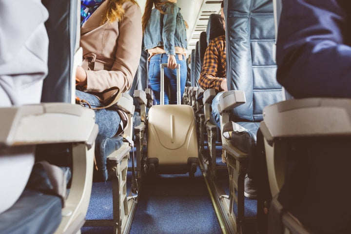 Be mindful of your fellow passengers' time and personal space as you board an airplane. 
