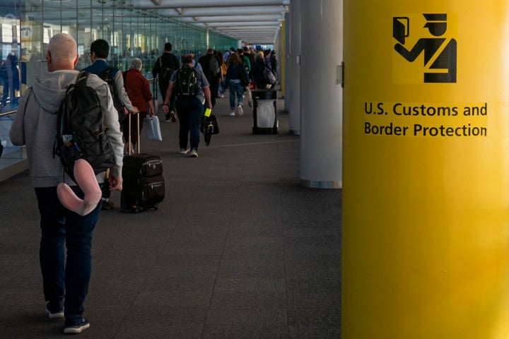A U.S. Customs and Border Protection sign is seen in Newark Liberty International Airport in New Jersey.