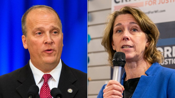 This combination of file photos shows Brad Schimel, former Republican attorney general Brad Schimel, in Madison, Wis., Jan. 5, 2015, and Susan Crawford in in Milwaukee on March 29, 2025. (AP Photo/Andy Manis).