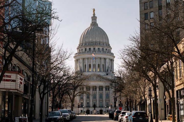 The Wisconsin State Capitol building ahead of the Wisconsin Supreme Court election in Madison, Wisconsin, US, on Monday, March 31, 2025. (Photographer: Jim Vondruska/Bloomberg via Getty Images)