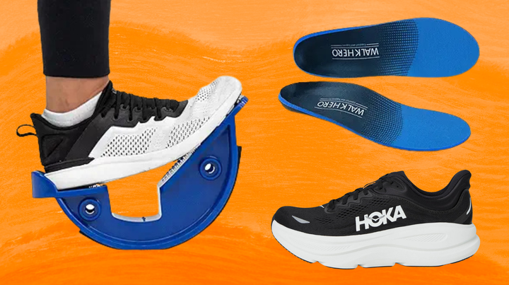 A rocking foot stretcher, a pair of orthotic shoe inserts and a Hoka Bondi 9 sneaker.