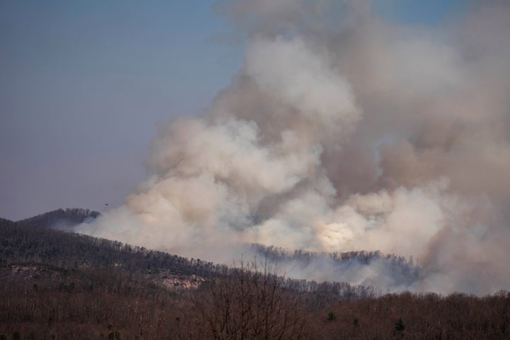 Smoke rises from the Table Rock Complex fire as seen from Sassafras Mountain on March 26 in Pumpkintown, South Carolina. 