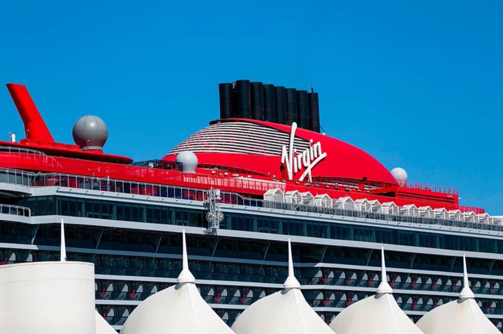 An outside view of Virgin Voyages' Scarlet Lady cruise ship docked at PortMiami on Sept. 28, 2021.