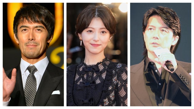 （左から）阿部寛さん、浜辺美波さん、福山雅治さん