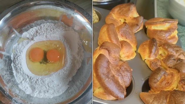 Eggs and flour on the left: Yorkshire puddings on the right