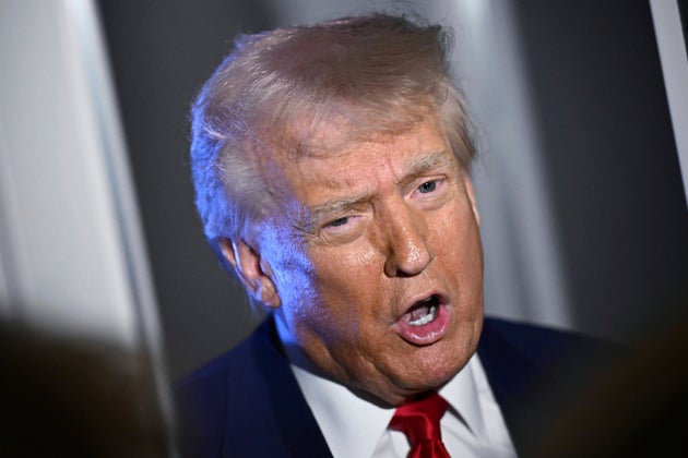 President Donald Trump speaks to reporters while in flight on board Air Force One, en route to Miami, Thursday, April 3, 2025. (Pool via AP)