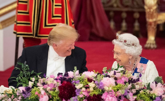 Trump with Queen Elizabeth II laugh during a Buckingham Palace banquet at his last state visit to the UK in 2019.